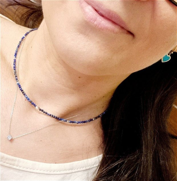 Colier lapis lazuli 2.5mm si argint cu inima