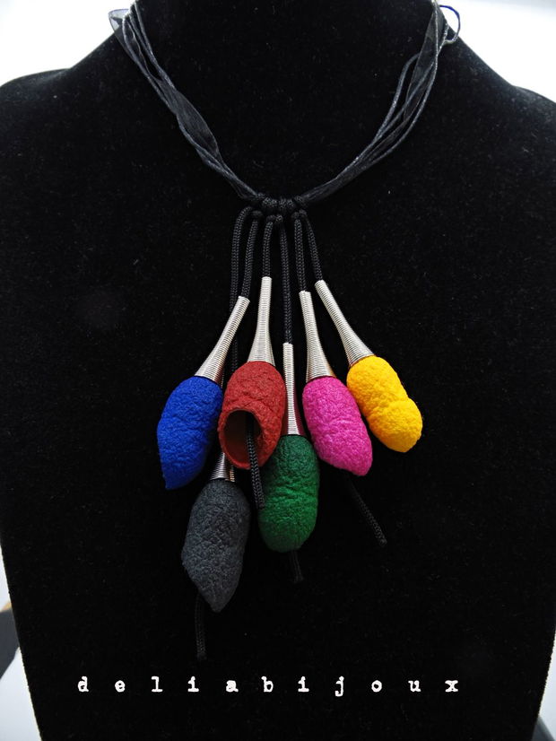 Colier handmade statement unicat multicolor - coconi de matase (cod783)