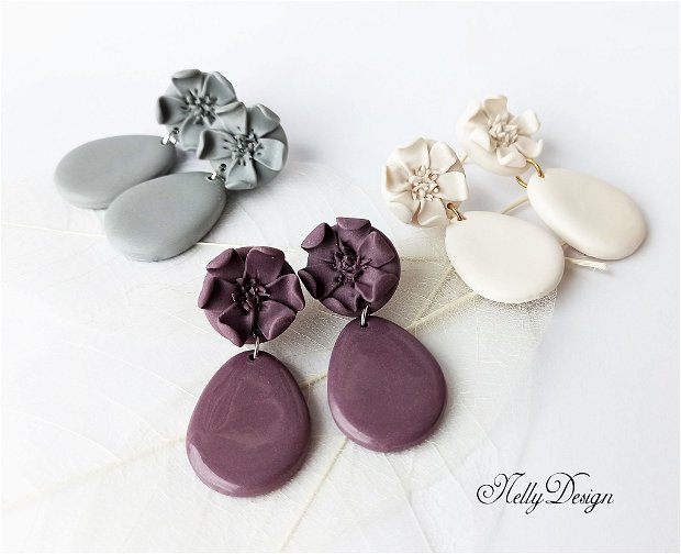 Cercei florali, nuanta mov stins, din argila polimerica// Handmade Polymer Clay Earrings