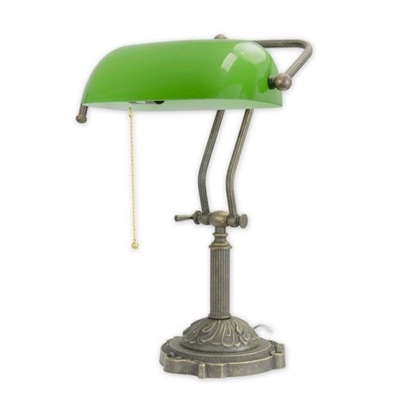 Lampa Banker din alama masiva antichizata cu abajur verde