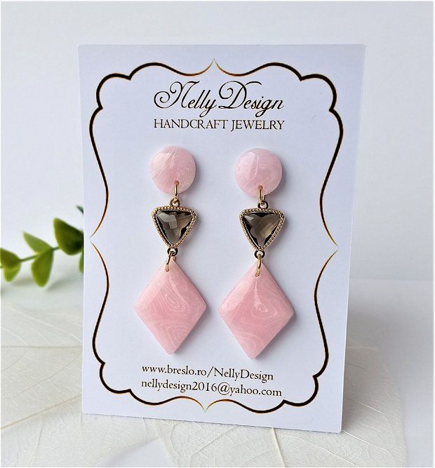 Cercei in nuante roz-cuart/cristale casetate inox auriu / Handmade Polymer Clay Earrings