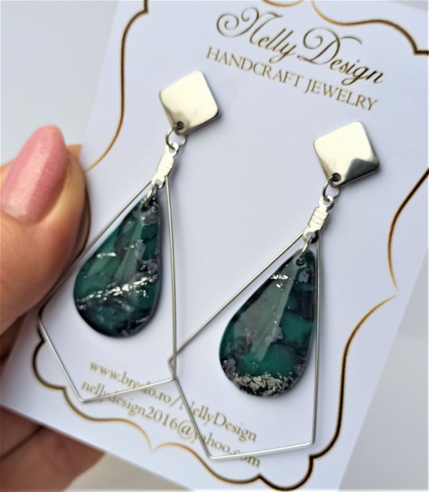 Cercei marmorati verde/negru/accesorii inox * Handmade Polymer Clay Earrings