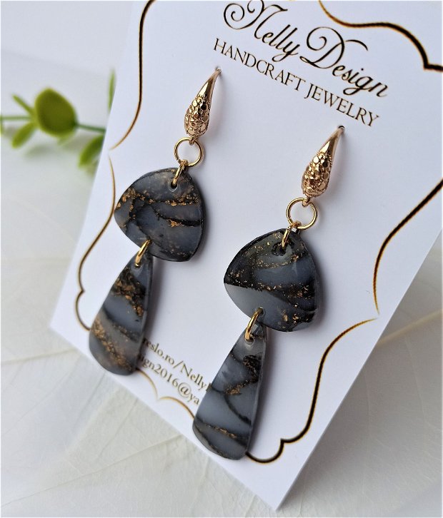 Cercei marmorati negru/auriu/tortite inox auriu * Handmade Polymer Clay Earrings