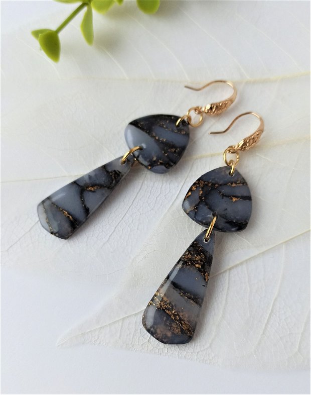 Cercei marmorati negru/auriu/tortite inox auriu * Handmade Polymer Clay Earrings