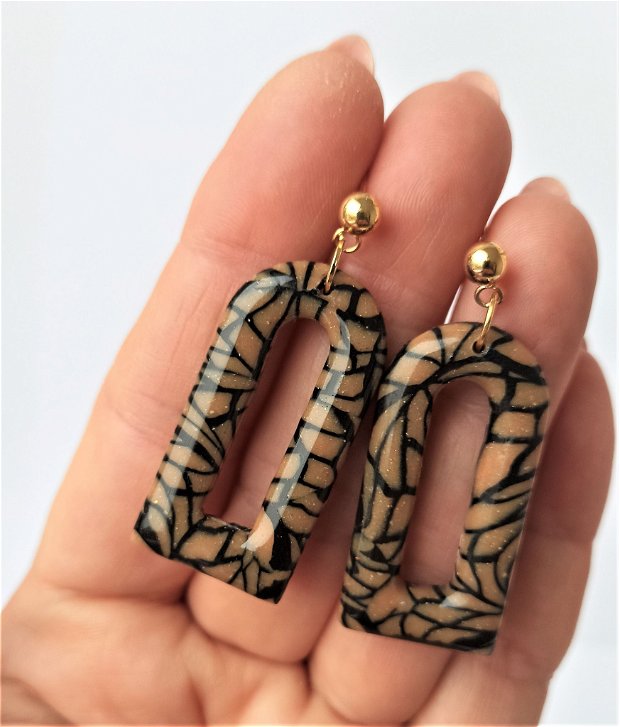 Cercei marmorati negru/camel/tortite inox auriu * Handmade Polymer Clay Earrings