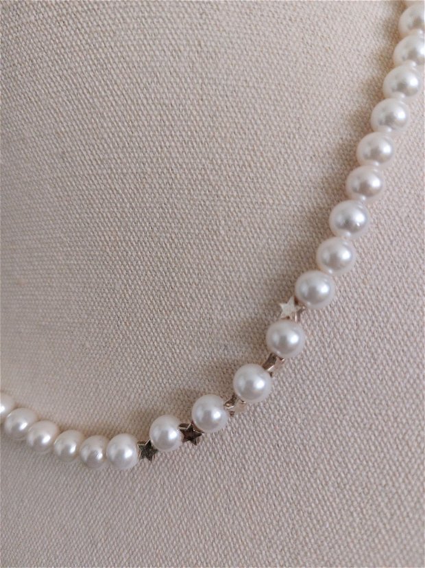 colier perle albe cu stelute argint 925 cutiuță bijuterii  gratuit