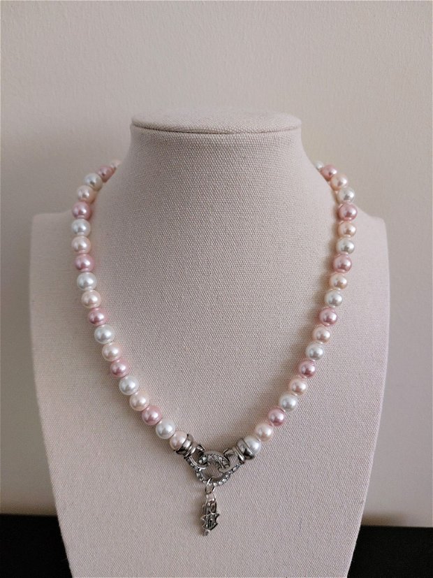 colier perle colorate rotunde cu argint 925, cheita si lacat cutiuță bijuterii  gratuit