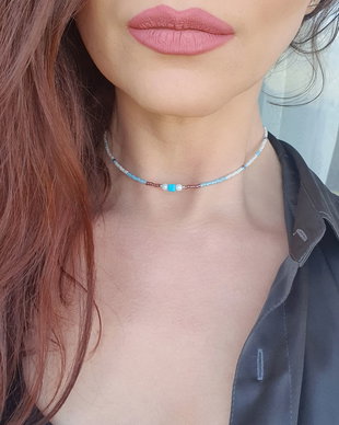 Choker alb turcoaz cu margele Toho, Colier modern femei