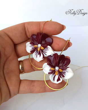 Cercei panselute grena/alb/accesorii inox auriu * Handmade Polymer Clay Earrings