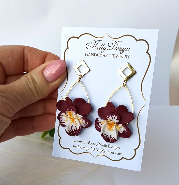 Cercei florali panselute grena/alb/accesorii inox auriu * Handmade Polymer Clay Earrings