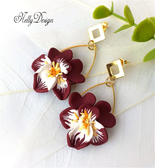 Cercei florali panselute grena/alb/accesorii inox auriu * Handmade Polymer Clay Earrings