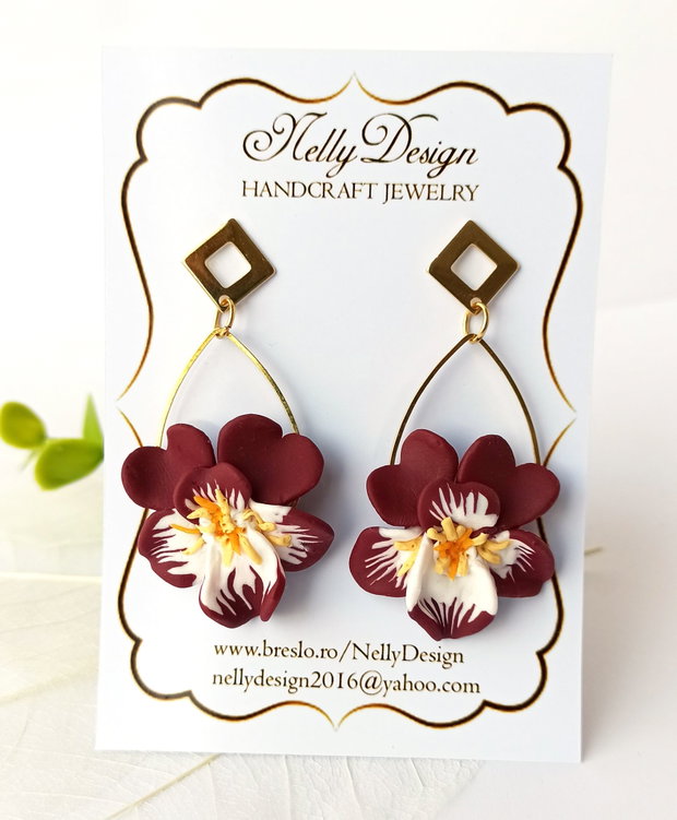 Cercei florali panselute grena/alb/accesorii inox auriu * Handmade Polymer Clay Earrings