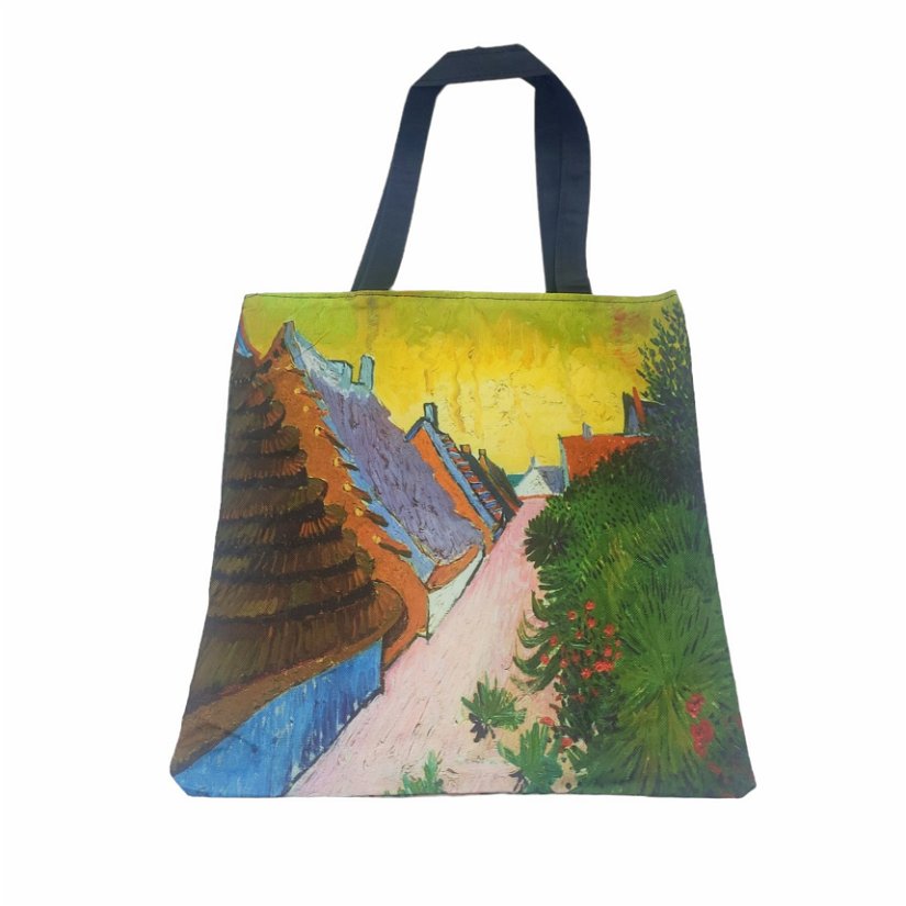 Geanta material textil, imprimeu multicolor inspirat dintr-o pictura cu case pe drum de tara
