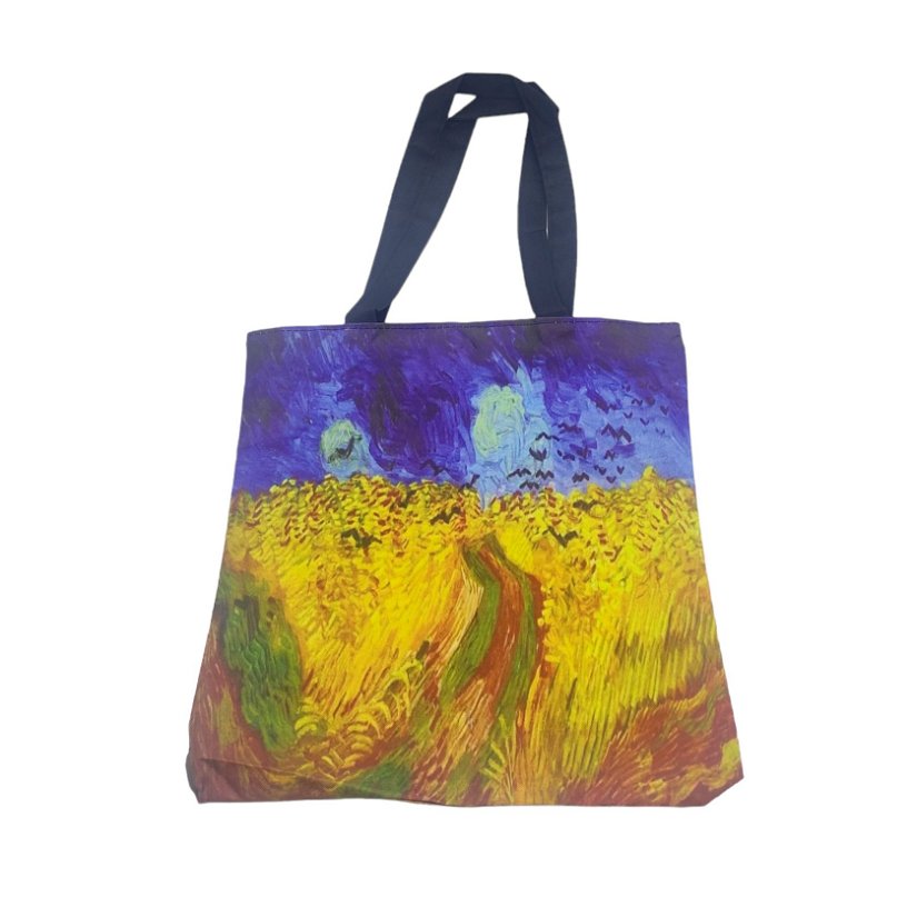Geanta shopper material textil, imprimeu inspirat dintr-o pictura cu campuri cu recolte, Van Gogh