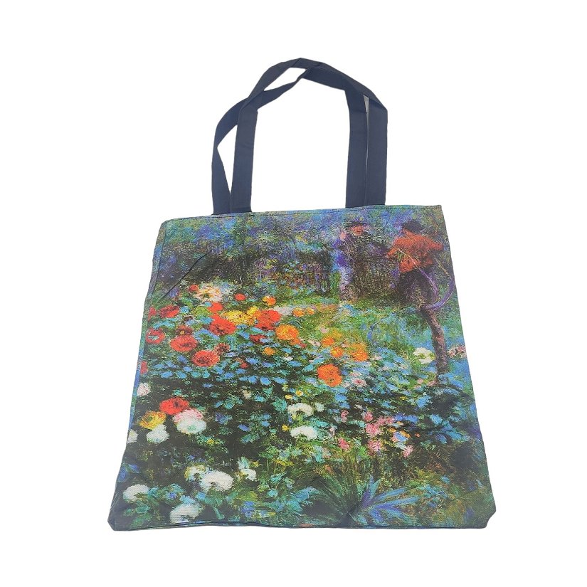 Geanta material textil, multicolora, imprimeu floral inspirat dintr-o pictura a lui Van Gogh