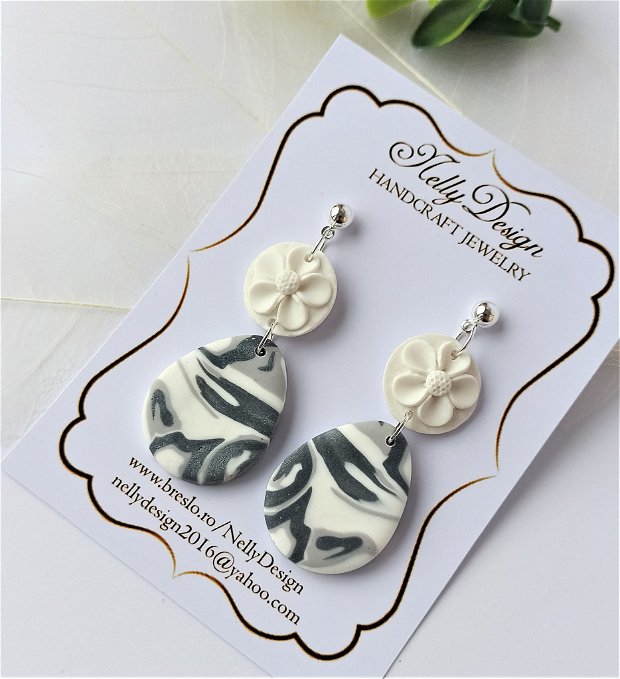 Cercei marmorati alb/gri/accesorii inox * Handmade Polymer Clay Earrings
