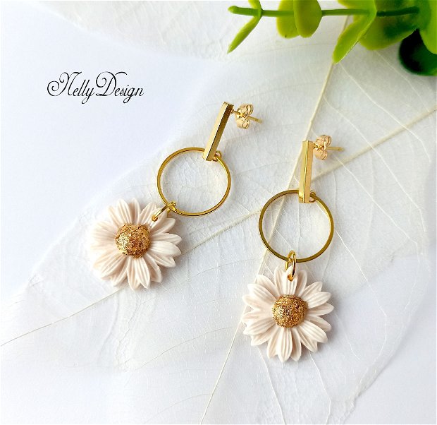 Cercei florali margarete/alb unt/accesorii inox auriu * Handmade Polymer Clay Earrings