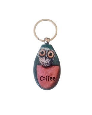 Breloc lemn lucrat manual, bufnita si cafea  (3422)