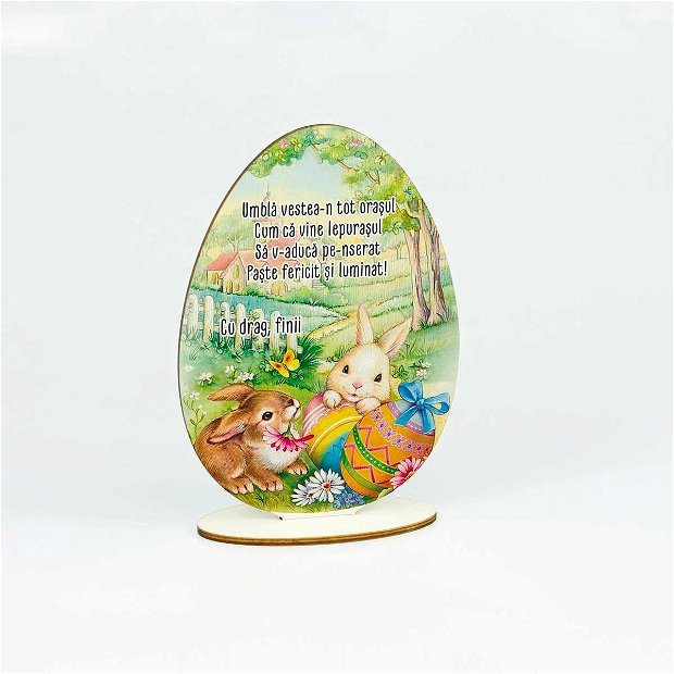 Decoratiune ou lemn cu mesaj pentru Paste