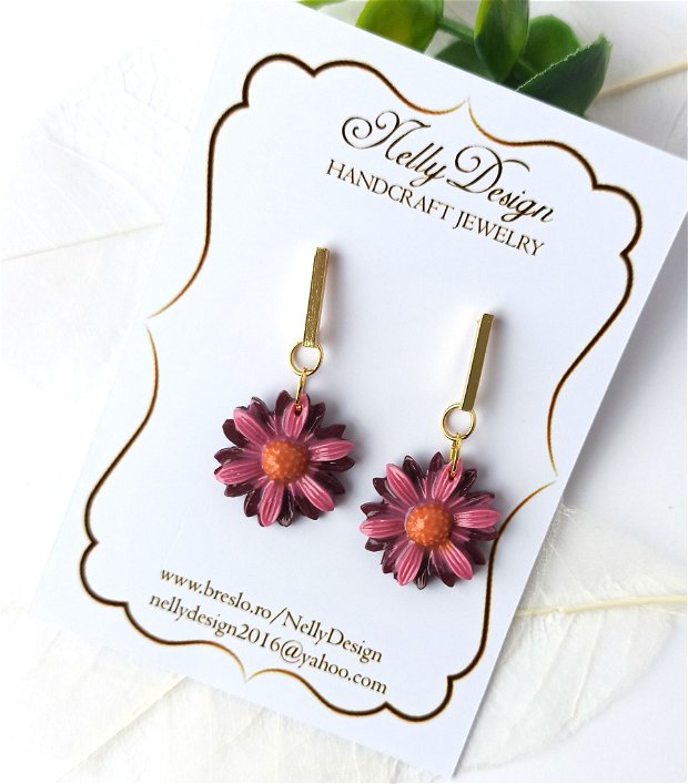 Cercei florali grena/roz/accesorii inox auriu * Handmade Polymer Clay Earrings