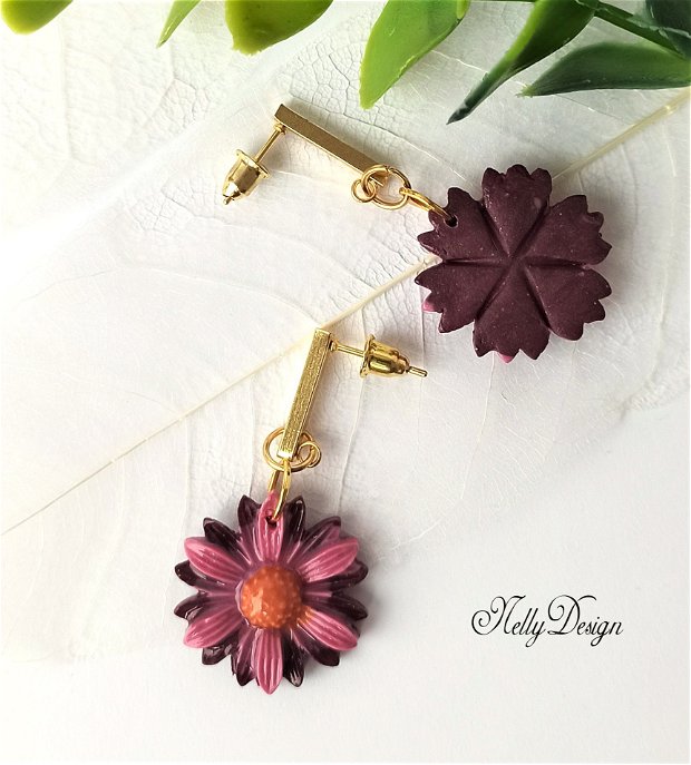 Cercei florali grena/roz/accesorii inox auriu * Handmade Polymer Clay Earrings