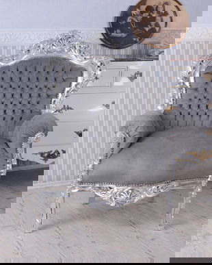 Fotoliu baroc din lemn masiv argintiu cu tapiterie gri soarece