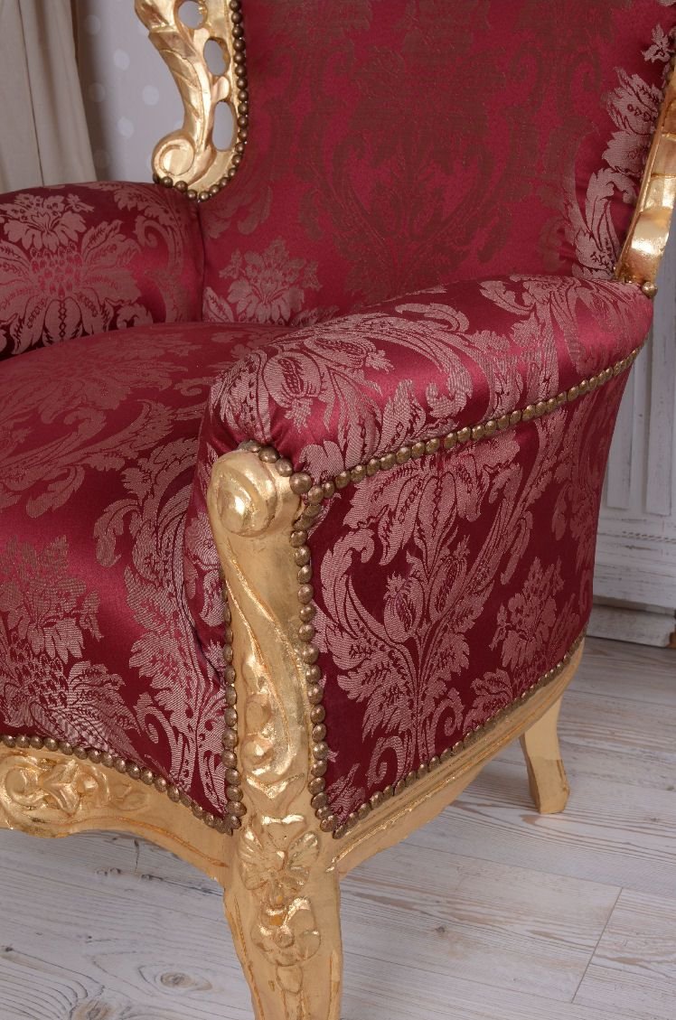 Fotoliu baroc din lemn masiv auriu cu tapiterie rosie