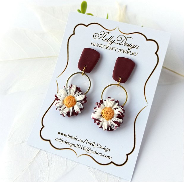 Cercei florali margarete grena/alb/galben/accesorii inox auriu   Handmade Polymer Clay Earrings