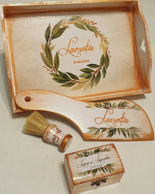 Tava personalizata pentru gatitul mirelui, tema frunze de laur