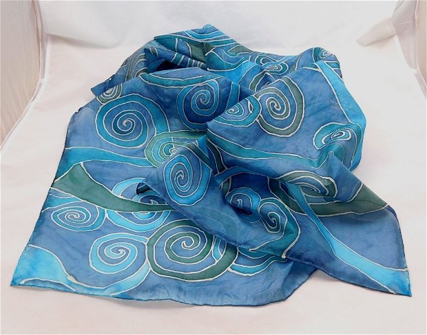 Eșarfă din mătase naturală - Blue spirals