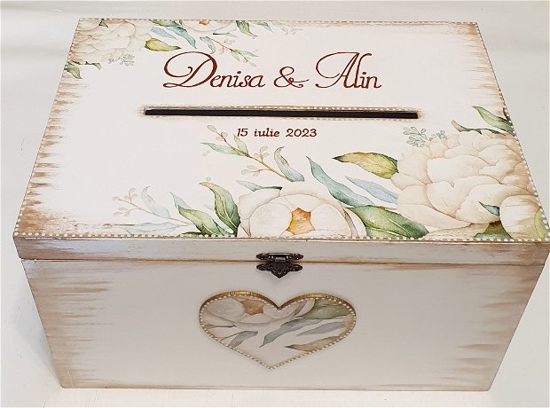 Cufar de dar personalizat pentru nunta, 30x20x18 cm, tema florala verde
