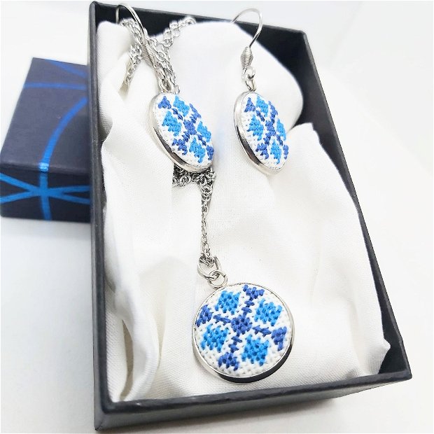 Set bijuterii inox broderie traditionala model etno albastru