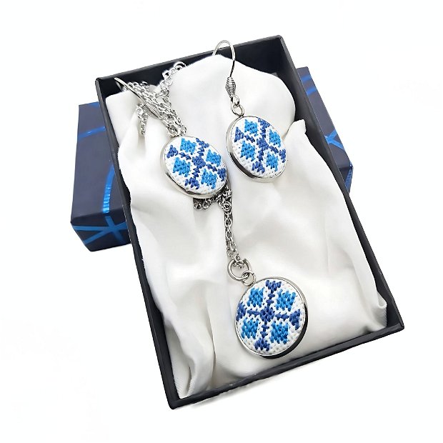 Set bijuterii inox broderie traditionala model etno albastru