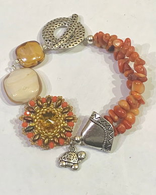 BRATARA~ ORANGE SUN~ coral,murano,Rivoli,toho,superduo,cristale,accesorii argintii