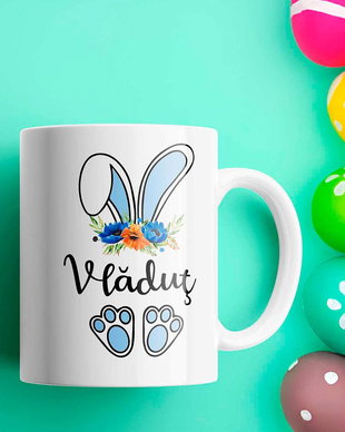 Cana personalizata cu nume pentru Paste model iepuras baiat