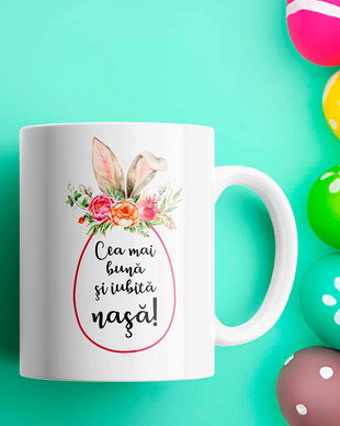 Cana personalizate cu poza si mesaj Paste - cadou pentru nasa