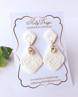 Cercei albi/cristale casetate // Handmade Polymer Clay Earrings