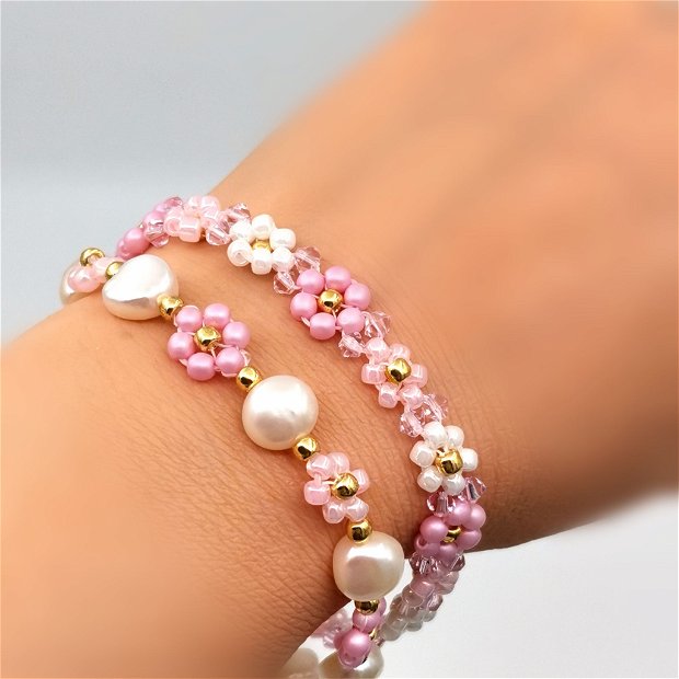 Set Brățări și cercei - Pink Flowers & Pearls