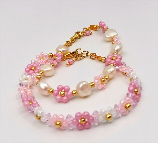 Set Brățări și cercei - Pink Flowers & Pearls