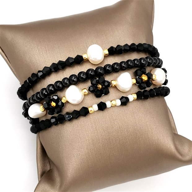 Set Brățară multișir și cercei - Black & Pearls