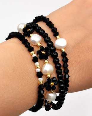 Set Brățară multișir și cercei - Black & Pearls