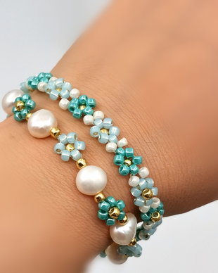 Rezervat Set Brățări - Turquoise Flowers & Pearls