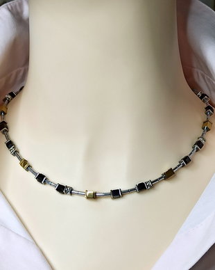 Colier/choker unisex cu pietre semiprețioase de hematit argintiu, auriu si negru, cuburi cristal, rondele strass
