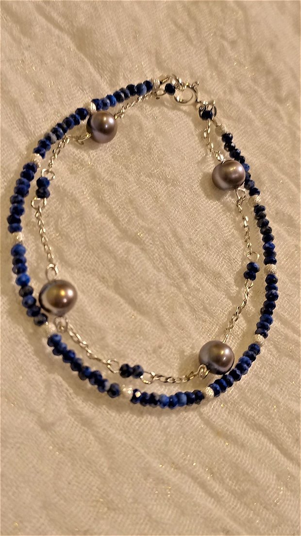 Bratara argint X2 lapis lazuli perle de cultura lant argint star dust