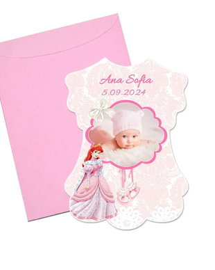 Invitatie botez rochita roz printesa, cu plic inclus