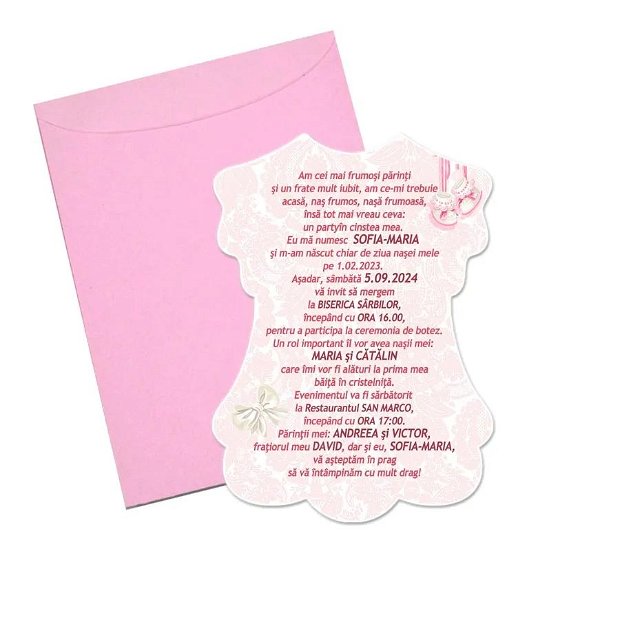 Invitatie botez rochita roz printesa, cu plic inclus