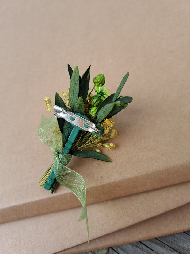 Cocarde nuntă-flori naturale uscate și criogenate,  Verde