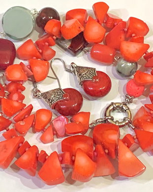 SET~RED COCKTAIL~coral,murano,howlit,email,accesorii metalice argintate,inox