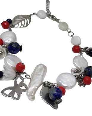 Bratara charm inox perle de cultura ,lapis lazuli si coral