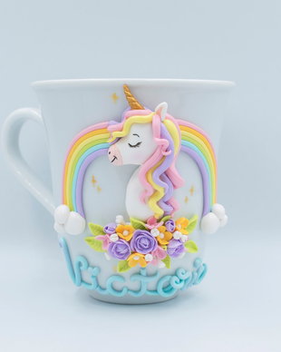 Cană Unicorn cu flori | Personalizată handmade | Lut polimeric